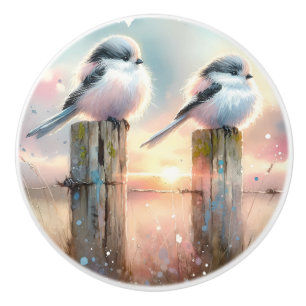 Pastel Watercolor Birds Fencepost Sunset Ceramic Knob
