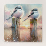 Pastel Watercolor Birds Fencepost Sunset Jigsaw Puzzle<br><div class="desc">Soft watercolor brushwork captures two fluffy songbirds resting on weathered fence posts as a glowing sunset spreads across a dreamy countryside sky. Gentle washes of peach, blush pink, pale blue, and warm gold blend into a tranquil horizon, creating a calm pastoral atmosphere. The birds appear round and feathery, their delicate...</div>