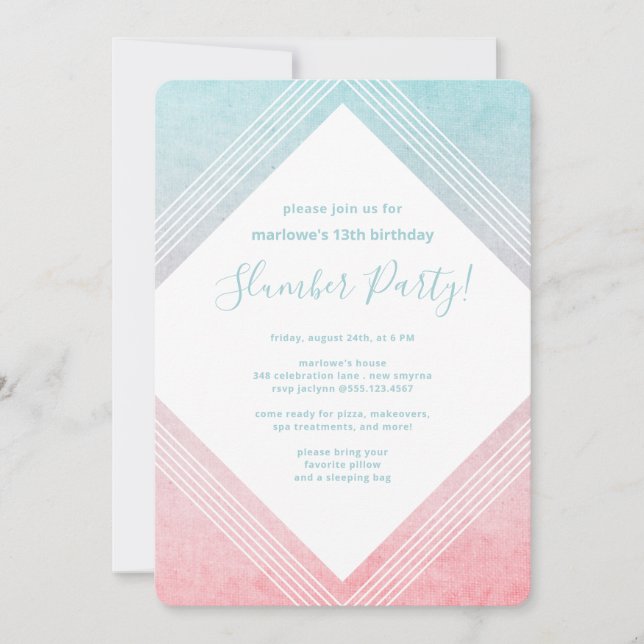 Pastel Watercolor Birthday Slumber Party Aqua Invitation (Front)