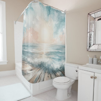 Pastel Watercolor Blue Beach Ocean Waves Wood