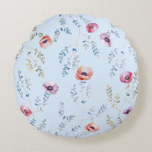 Pastel Watercolor Botanical Round Pillow (Front)