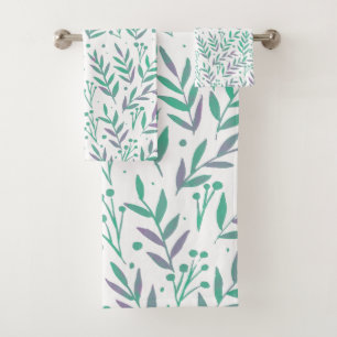 Pastel watercolor branches purple and green bath towel set
