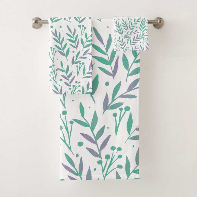 Pastel watercolor branches purple and green bath towel set (Insitu)