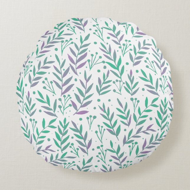 Pastel watercolor branches purple and green round pillow (Front)