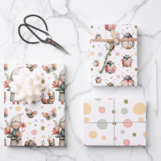 Pastel Watercolor Bugs Insect Pattern Whimsical Wrapping Paper Sheet (Front)