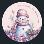 Pastel Watercolor Christmas Snowman Classic Round Sticker<br><div class="desc">Add a touch of winter magic to your Christmas decorations with these pastel watercolor Christmas snowman stickers. Featuring a charming snowman surrounded by gift boxes and flowers in soft lilac and pink hues, these stickers are perfect for adding a festive and whimsical touch to any holiday gathering. Customize them with...</div>