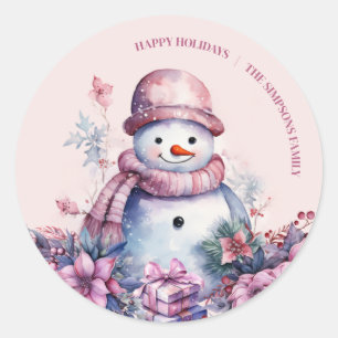 Pastel Watercolor Christmas Snowman Classic Round Sticker