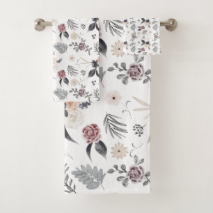 Pastel Watercolor Colourful Roses Grey Leaves Bath Towel Set