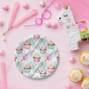 Pastel Watercolor Cupcake Baking Theme Dessert Paper Plate