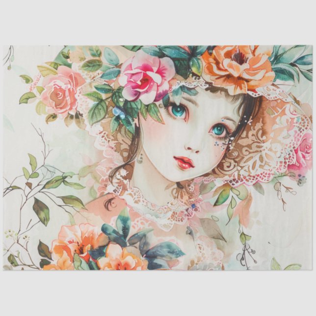 Pastel Watercolor Doll-like Girl Decoupage Tissue Paper (Front)