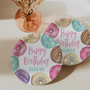 Pastel Watercolor Doughnut Personalized Birthday Paper Plate