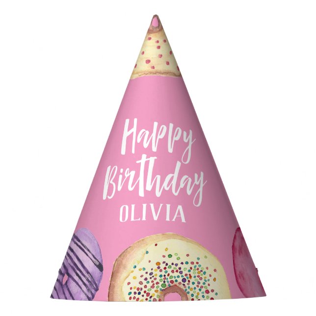Pastel Watercolor Doughnut Personalized Birthday Party Hat (Front)