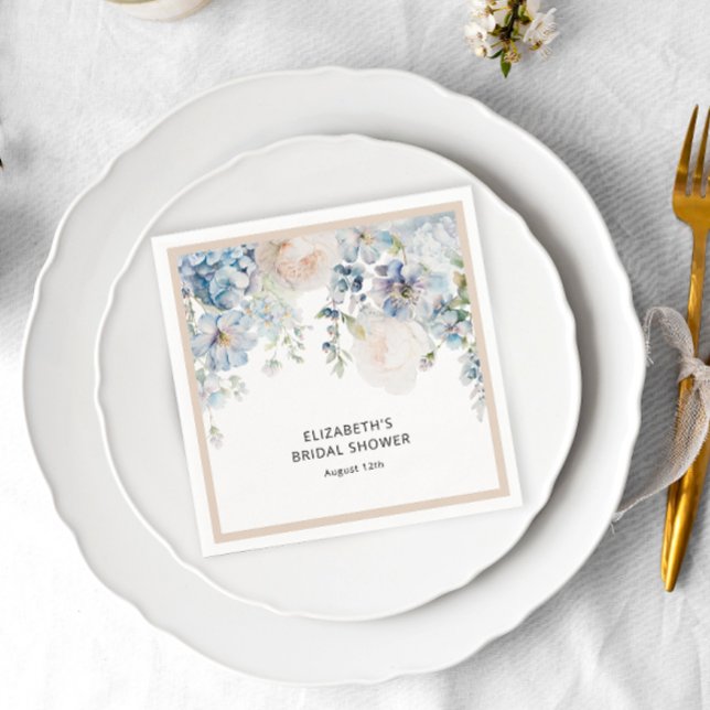 Pastel Watercolor Dusty Blue Floral Bridal Shower Napkin (Creator Uploaded)