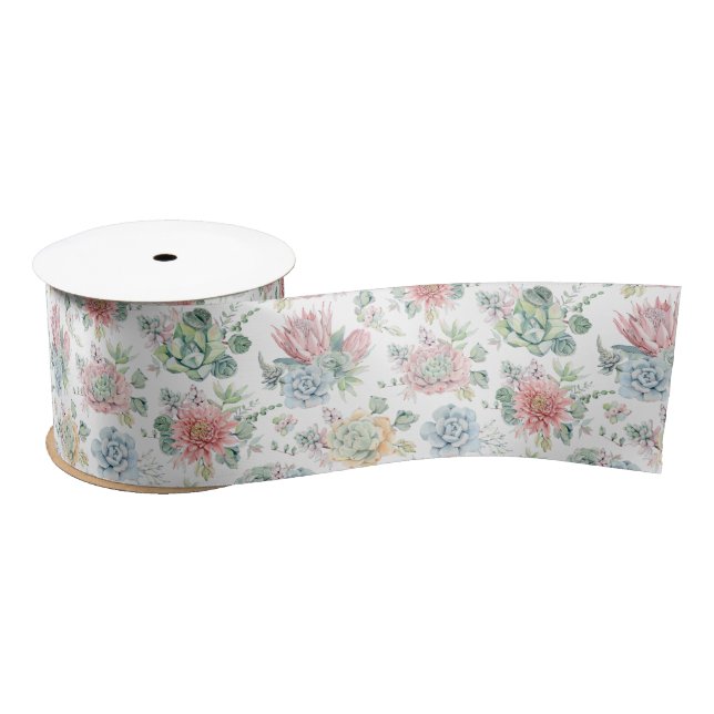 Pastel Watercolor Echievera Succulents Pattern Satin Ribbon (Spool)
