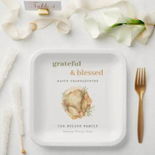 Pastel Watercolor Elegant Turkey Meal Thanksgiving Paper Plate