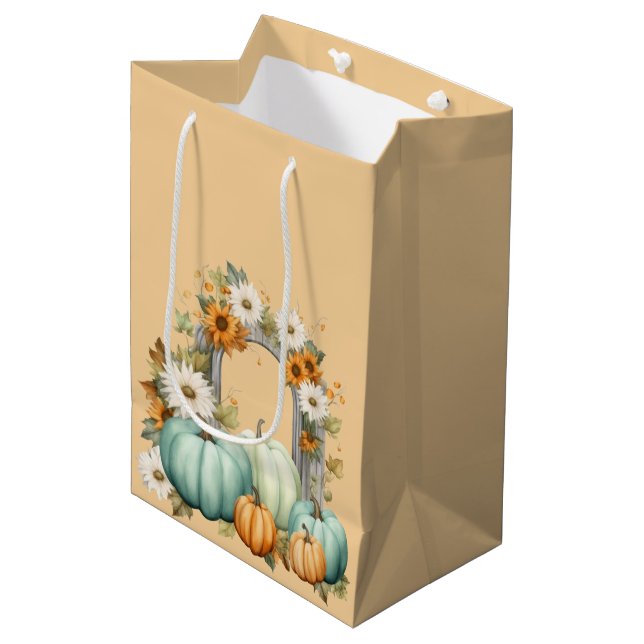 PASTEL WATERCOLOR FALL AUTUMN FLOWERS & PUMPKINS MEDIUM GIFT BAG (Front Angled)