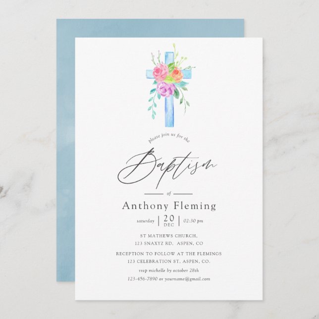 Pastel Watercolor Floral Boy Baptism Invitation (Front/Back)