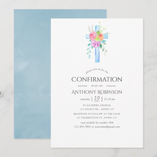 Pastel Watercolor Floral Boy Confirmation Invitation (Front/Back)