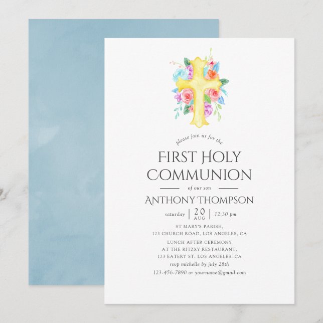 Pastel Watercolor Floral Boy First Holy Communion Invitation (Front/Back)