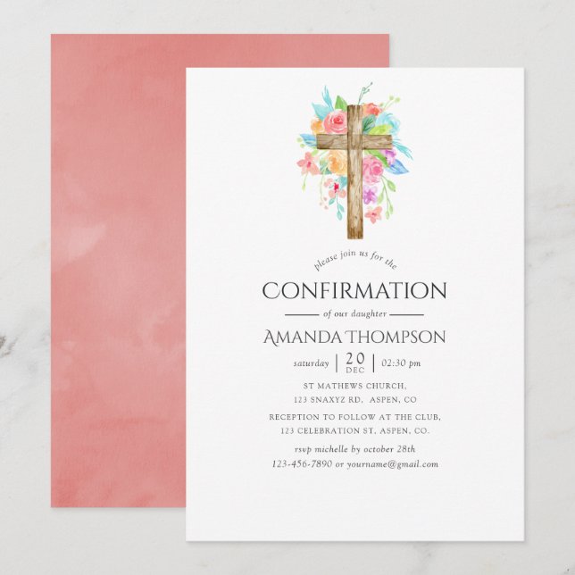 Pastel Watercolor Floral Confirmation Invitation (Front/Back)