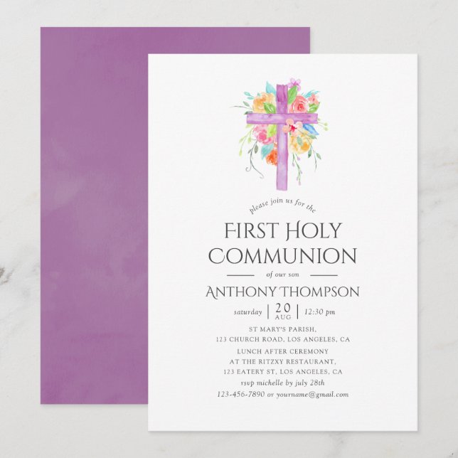 Pastel Watercolor Floral First Holy Communion Invitation (Front/Back)