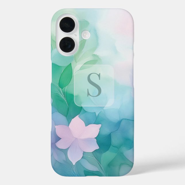 Pastel Watercolor Floral Monogram iPhone 16 Case (Back)