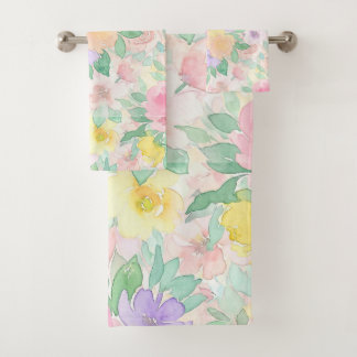 Pastel Watercolor Floral Pattern – Soft Spring  Bath Towel Set