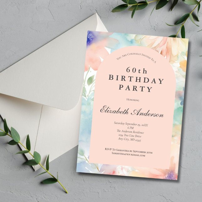 Pastel Watercolor Floral Pink Modern 60th Birthday Invitation (Pastel Watercolor Floral Pink 60th Birthday invitation for her. Can be used for other ages also.)