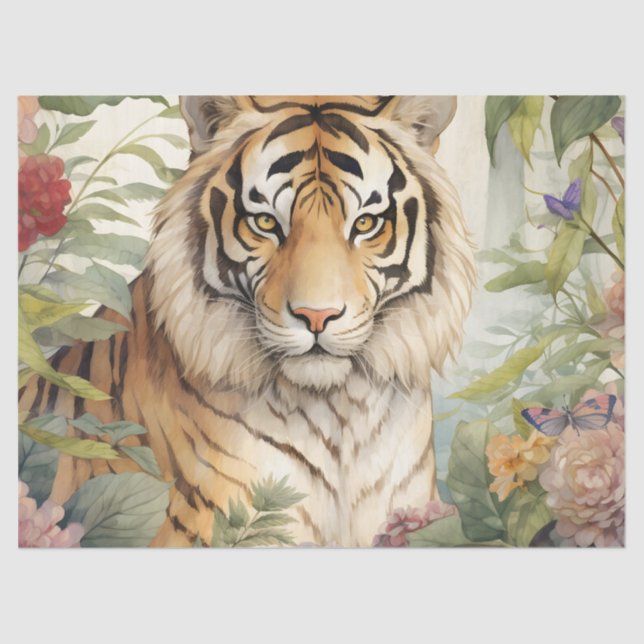 Pastel Watercolor Floral Tiger Decoupage  Tissue Paper (Front)