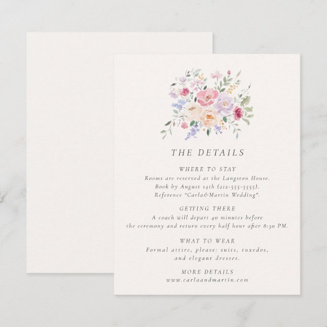 Pastel Watercolor Floral Wedding Details Card (Front/Back)