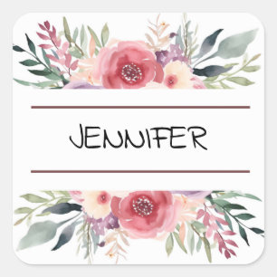 Pastel Watercolor Flower Floral Border Name Square Sticker