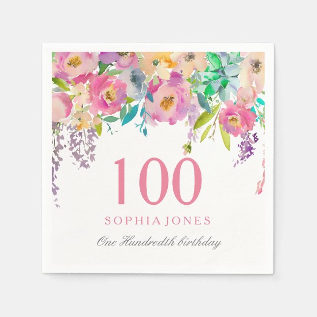 Pastel Watercolor Flowers 100th Birthday Party Napkin (Front)