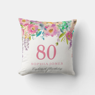 Pastel Watercolor Flowers 80th Birthday Gift Throw Pillow