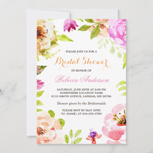 Pastel Watercolor Flowers Botanical Bridal Shower Invitation (Front)