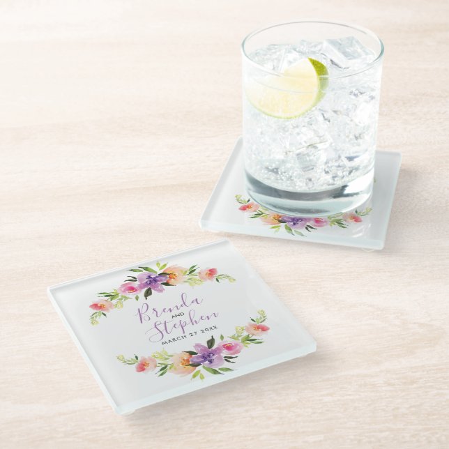 Pastel Watercolor Flowers Wedding Wreath Glass Coaster (Angled)