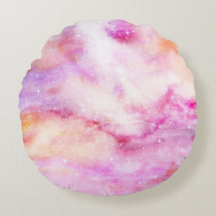 Pastel Watercolor & Galaxy Nebula Abstract Pattern Round Pillow