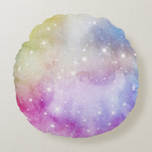 Pastel Watercolor & Galaxy Nebula Abstract Pattern Round Pillow