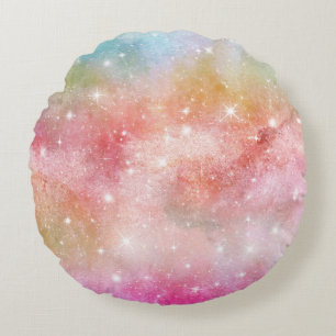 Pastel Watercolor & Galaxy Nebula Abstract Pattern Round Pillow
