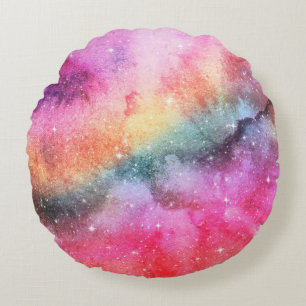 Pastel Watercolor & Galaxy Nebula Abstract Pattern Round Pillow