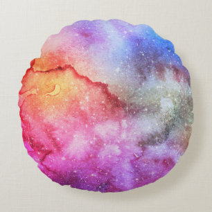 Pastel Watercolor & Galaxy Nebula Abstract Pattern Round Pillow