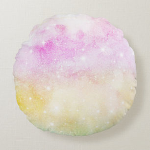 Pastel Watercolor & Galaxy Nebula Abstract Pattern Round Pillow
