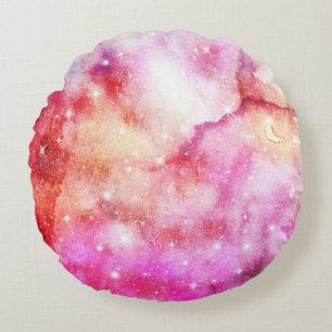 Pastel Watercolor & Galaxy Nebula Abstract Pattern Round Pillow