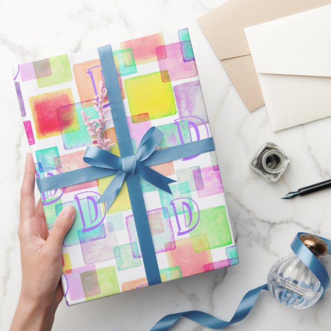 Pastel Watercolor Geometric Modern Custom Monogram Wrapping Paper (Gifting)