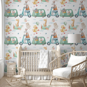 Pastel Watercolor Giraffe Airplane Nursery Wallpaper