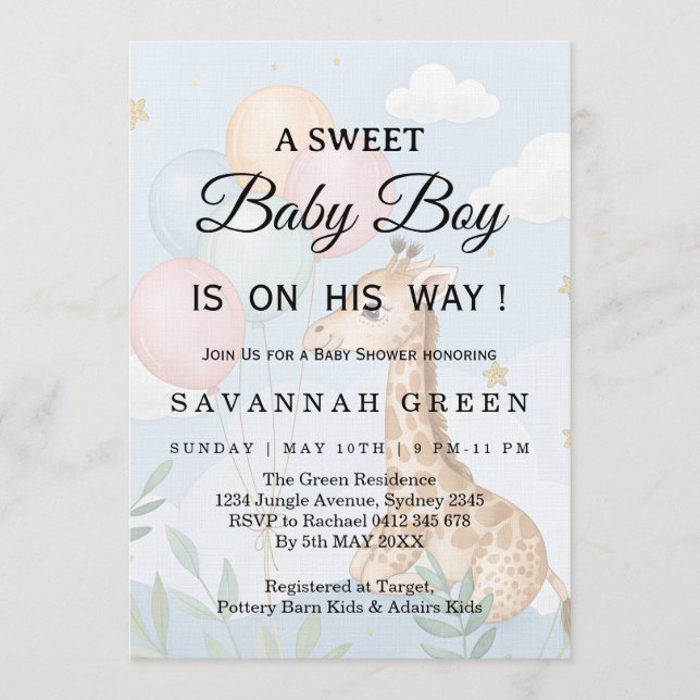 Pastel Watercolor Giraffe Baby Boy Invite (Front)