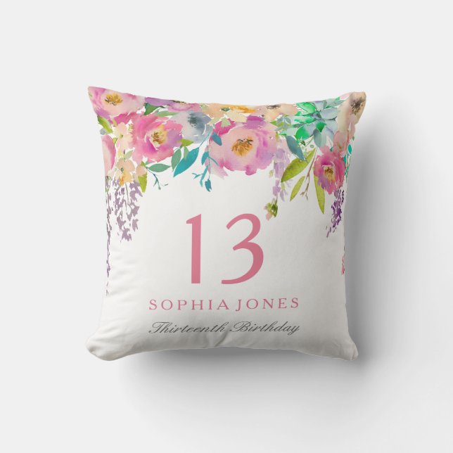 Pastel Watercolor Girls 13th Birthday Party Gift Throw Pillow (Front)