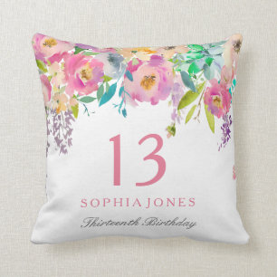 Pastel Watercolor Girls 13th Birthday Party Gift Throw Pillow