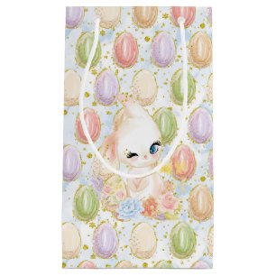 PASTEL WATERCOLOR GLITTER LOOK EASTER BUNNY & EGGS SMALL GIFT BAG