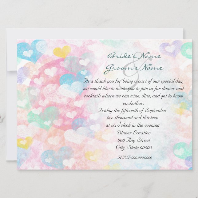 Pastel Watercolor Hearts Rehearsal Dinner Invites (Front)