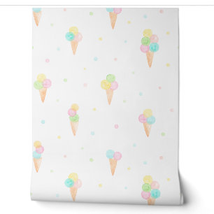 Pastel Watercolor Icecream cones and dots white Wallpaper